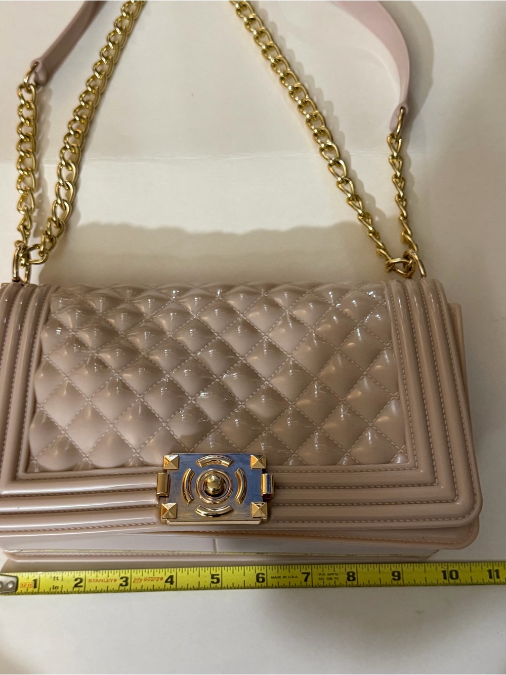 Quilted Plastic Shoulder Bag in Light Pink with Gold Chain